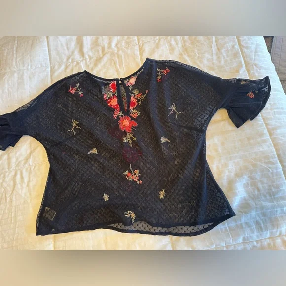 Anthropologie Maeve Black Sheer Blouse with Red Floral Embroidery - Picture 6 of 10
